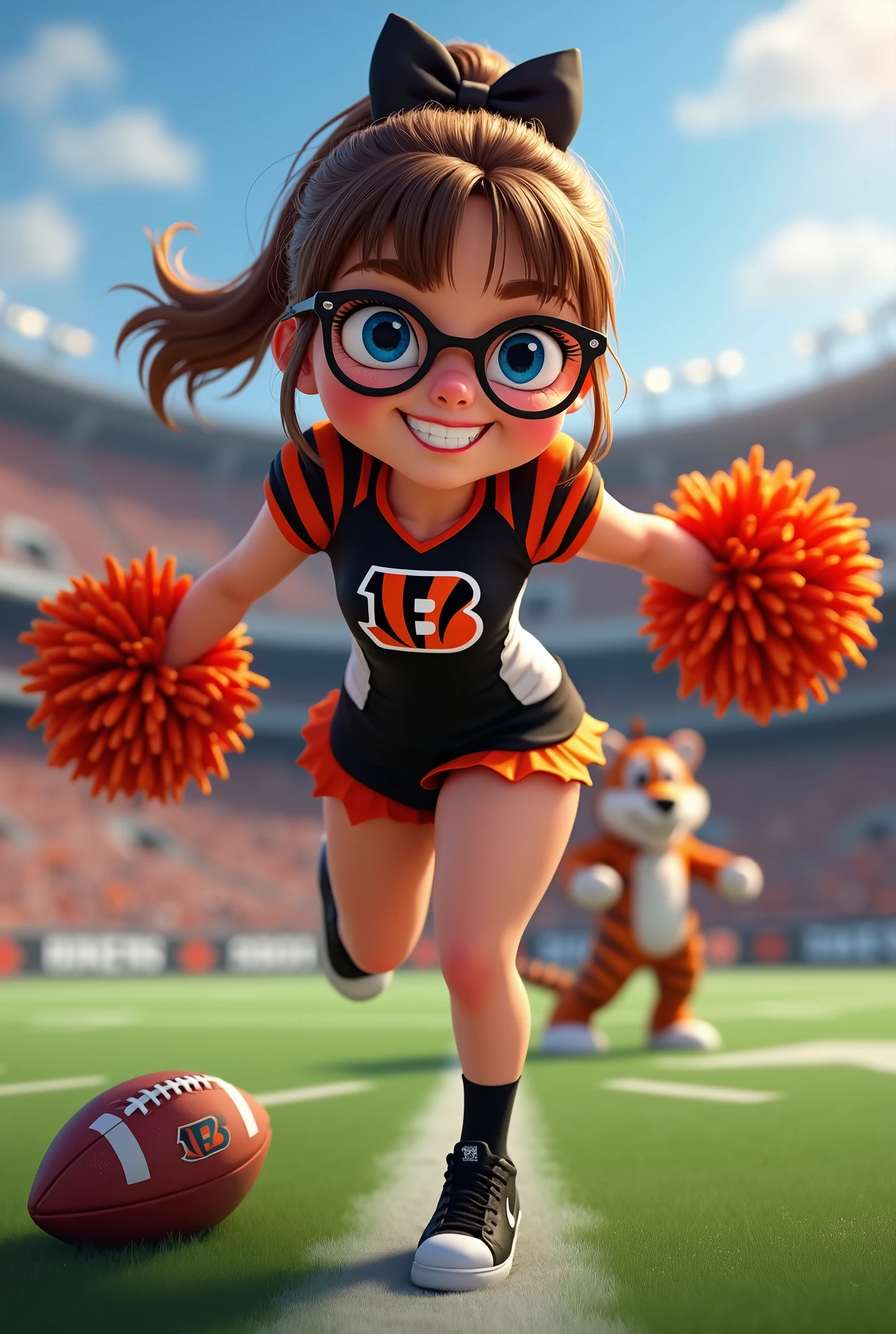 
Bengals cheerleader tween 
Chunky body
Brown hair, medium length in ponytail, bangs, 
blue eyes & clear glasses
football field stadium
Black & orange  one piece outfit  with Bengals logo  black nike shoes 
No show socks
 hair bow 
 tiger mascot on field
Smiling 
Football on ground
Pompom on ground 
