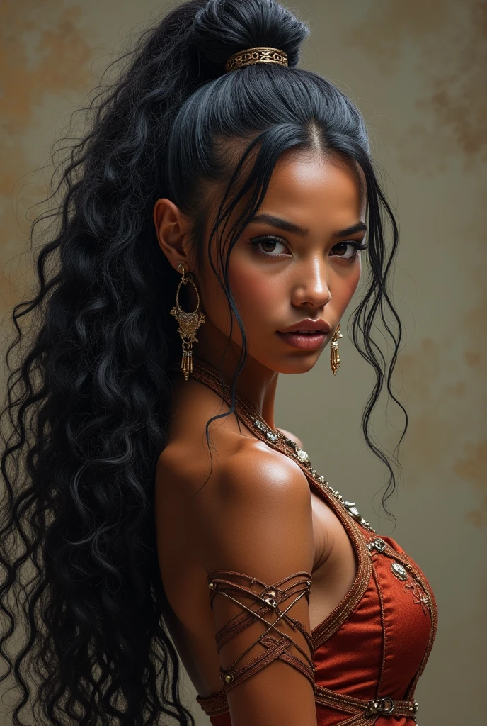 Facial features: Striking features that reflect her heritage as a warrior and leader. Your face is defined, with a penetrating gaze that conveys strength and dignity. His eyes are a deep dark brown.
body type: Athletic and agile body, with a posture that combines elegance and readiness for combat. His height is 1,65 m.
body hair: Long curly hair, black as night, that fall in voluminous waves halfway down the back. She usually ties her hair up in a sleek bun or leaves it loose., Depending on the occasion.
Skinned: Skinned parda, rich in warm tones, reflecting his roots and warrior training.
Clothing Style: Your clothing style is a fusion of functionality and sophistication.. Wear clothes that facilitate movement and combat, often adorned with details that highlight their heritage and status. In battles, you can opt for lighter and more flexible clothing that allows you to express your martial dance.