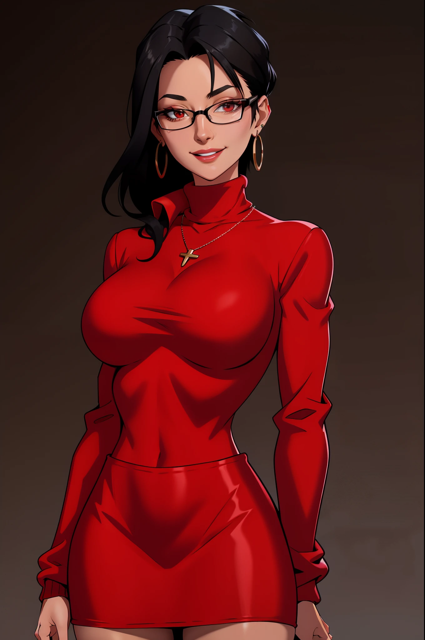 masterpiece, best quality, black hair, glasses, necklace, earrings, red sweater, turtleneck, labcoat, black miniskirt, large breasts, upper body, looking at viewer, doctor's office, smile, mischievous,