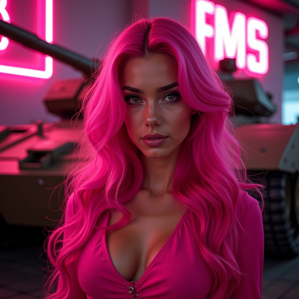 1 woman with exuberant beauty, With long hair, bright pink wavy hair, looking at the viewer with piercing eyes. Behind her there is a tank and some pink details and a light sign that says “FMS”
