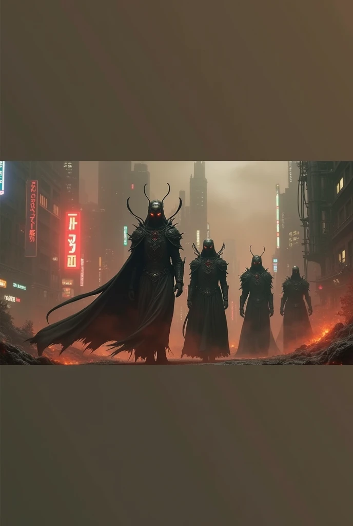 A dark and ominous cyberpunk scene, a group of Cthulhu-inspired Grim Knights, glowing neon lights, dystopian cityscape, highly detailed, dramatic lighting, cinematic composition, moody color palette, digital art