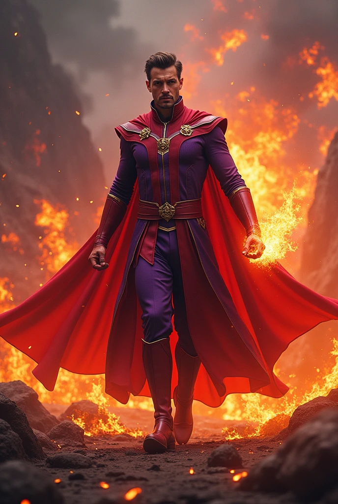 I created a character with a purple uniform, with red details and a red cape with fire powers