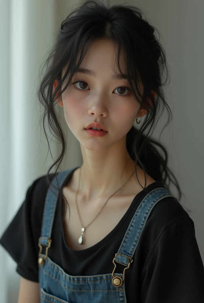 a one woman, brown with loose, wavy black hair parted to the side, slanted brown eyes, short and thin stature. Wearing a black blouse and denim dungarees