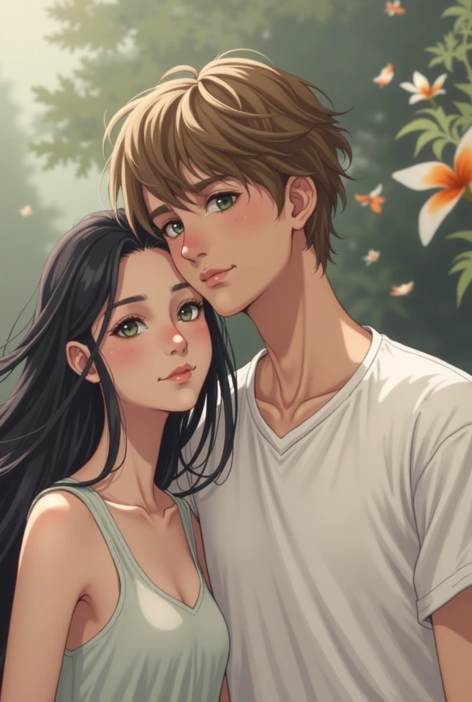Dark-haired girl next to a boy with brown hair and green eyes