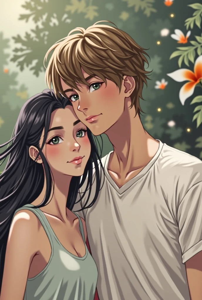Dark-haired girl next to a boy with brown hair and green eyes