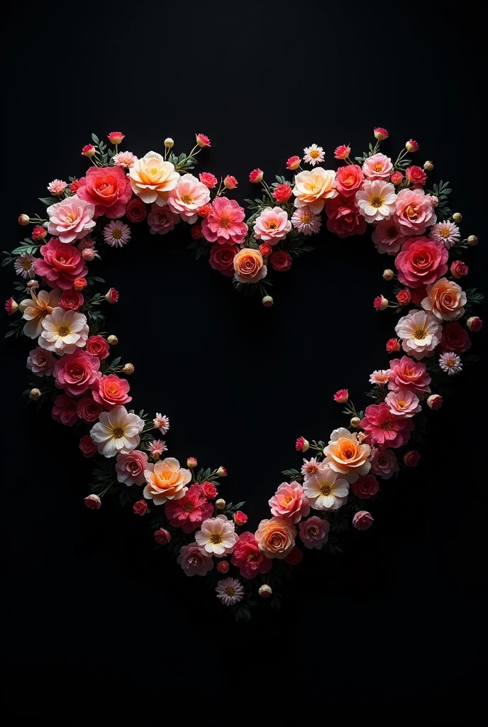 Black background,  heart shape in the center,  borders of the heart shape is covered with colored flowers 