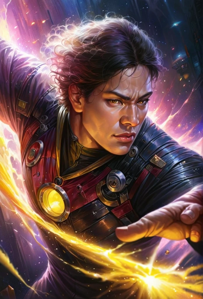 a superhero boy with black hair and yellow eyes, flying in space, holding a yellow lantern ring, (best quality,4k,8k,highres,masterpiece:1.2),ultra-detailed,(realistic,photorealistic,photo-realistic:1.37),studio lighting,extremely detailed face and eyes,intricate superhero costume,dynamic action pose,glowing yellow energy,sci-fi space background,cinematic lighting,vibrant colors