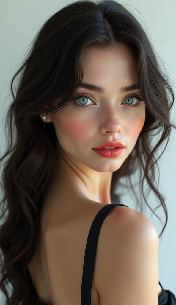 1 woman, full body shot (1.3),close up face shot (1.3), face shot, corridor,Soft Light, Italian Beauty,Tight Fit,dress,Light-haired,long hair,
white background, gorgeous Italian-Russian woman, doll face, with thick and long wavy dark chocolate brown hair, big and large slender cat shsoed emerald green bright eyes, long and thick curly black eyelashes, upturned nose, high nose bridge, fullest and plumpest with a pout at the top rosy red luscious lips, oval and heart face shape mix, high cheekbones, shorter fave, shorter chin, defined jawline, tiny face size, pale milky white traslucent perfect skin, whitening skin, hourglass shaped body, tiny and narrow waist, rounded hips, long and slender beautiful legs, big perfect brests (1.4), large breasts, bust size 84 cm, waist 57 cm, hips 86 cm, bra size 34 D, tall at 5’8, ((perfect proportions)), full body image, realistic, photorealistic, ultradetailed, skin texture, hyperealismHigh Resolution, Closed Mouth, highly detailed, high resolution 8K, wearing a tight fit black dress highliting her horglass body, detailed jewlry, 23-years-old
