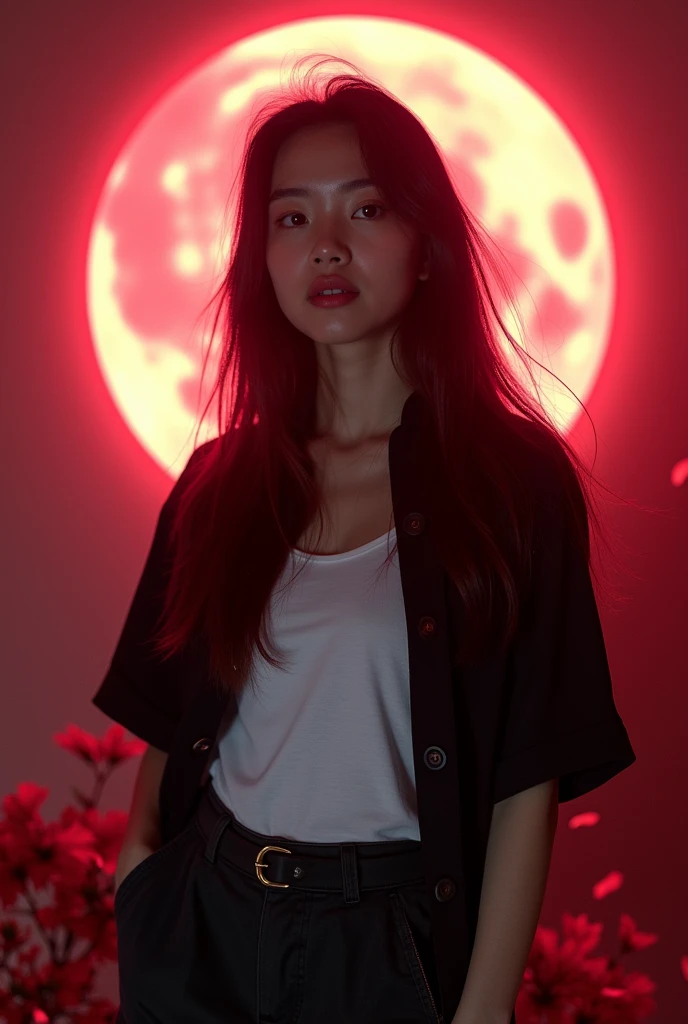 Moon hibiscus with water drops, neon light, Random background, Sunrise, bokha atmosphere, A beautiful Korean woman, fair skin. well-groomed face, with long flowing hair, black shirt white t-shirt, cargo pants, Flower petals fall in the wind, Nikon photo effects real realistic photos. 