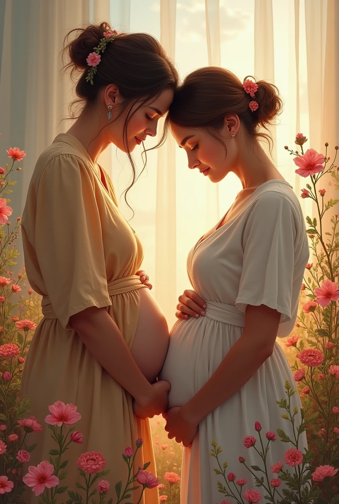 Hyper realistic illustration of a pregnant woman with a midwife caring for her, and that represents her reconnection with the power of women. flowers around