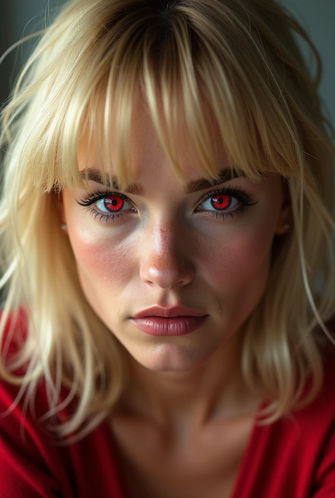 ultra realistic photograph: realperson: Gwen Stacy Cabelo loiro, bangss, gazing at viewer, Eyes red, 