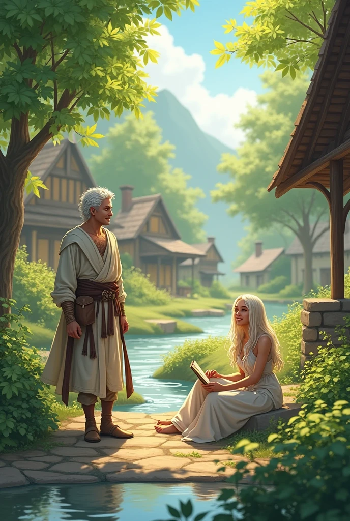 **Orion and Elara Bonding:**
- "The white-haired warrior white cat in human body and a beautiful woman spend time together in a peaceful village setting. They are seen walking through the village, sitting by a stream, and sharing stories. The warrior white cat now more relaxed, is dressed in simple clothing, while the woman smiles warmly at him. The setting is during the day with the village surrounded by lush greenery."