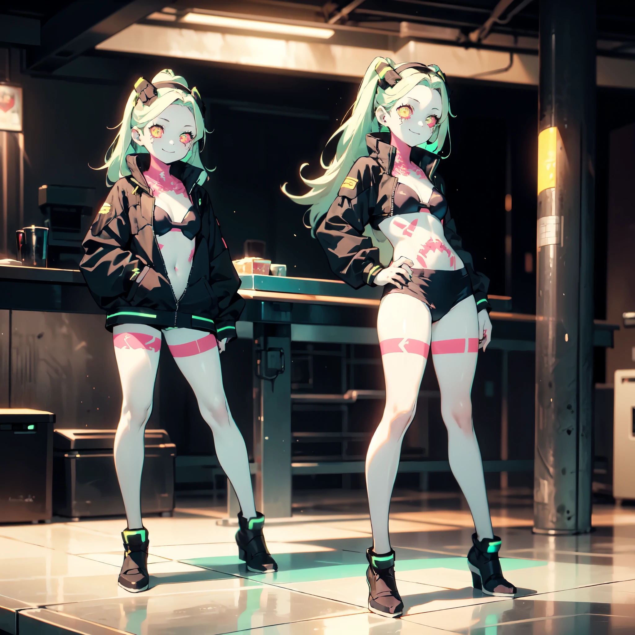 full body,1girl,solo,standing,smile,rebecca, yellow eye, mechanical eye, red sclera, leg tattoo, colored skin, tattoo, petite, black hairband, green hair, neck tattoo, small breasts, headgear, long hair, stomach tattoo,bikini