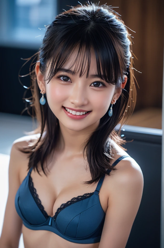 (8k, RAW Photos,Highest quality, High resolution:1.1), (Ultra-realistic:1.4),(Realistic:1.4), Realistic Face,Realistic Body,Realistic Skin,masterpiece,(cute:1.8), Japanese, ((Sexy Sky Blue Bra)), Upper Body, Beautiful dark eyes,Innocent eyes,Cinema Lighting,Film Grain,jewelry,Earrings,((Medium Hair:1.1)),Cherry colored lips,Hair Ribbon,ponytail,Audience,Long Hair,,Open your lips,Upper teeth, (Smiling Eyes:0.6),((Grin:1.3)),Blurred Background, Eye focus , Bokeh,young, 85mm lens, Photon Mapping,Radio City,