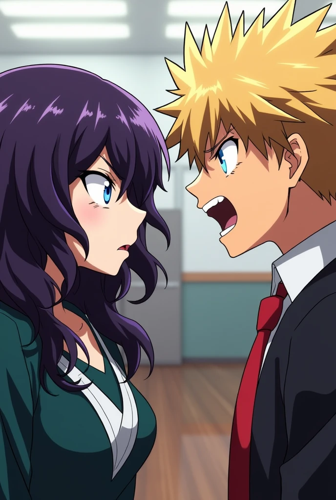 (Anime Boku no Hero Academia) Create a woman, My Hero Academia student. His eyes are a light blue color with an elongated shape., glare. Her hair is long and wavy, Deep purple and a French fringe. Next to the girl is Bakugou Katsuki, He is a blond boy with spiky hair and slanted red eyes.. They argue aggressively, shouting angrily at each other.. All this in a classroom environment in the world of Boku No Hero.