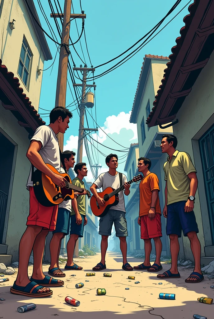 {
"prompt": "In a Grand Theft Auto (GTA) video game style, standing electrity post cable wire hanging depict a scene in a vibrant, yet slightly gritty urban Pinoy Philippines slum environment. Show a group of 6 male wearing Slippers people aged 20 to 30 standing in front of a run-down slum place villages the other guy playing a guitar some are singing some are sitting with beers bottle scrap cans broken beer bottles debris waste infront is written the word RNT