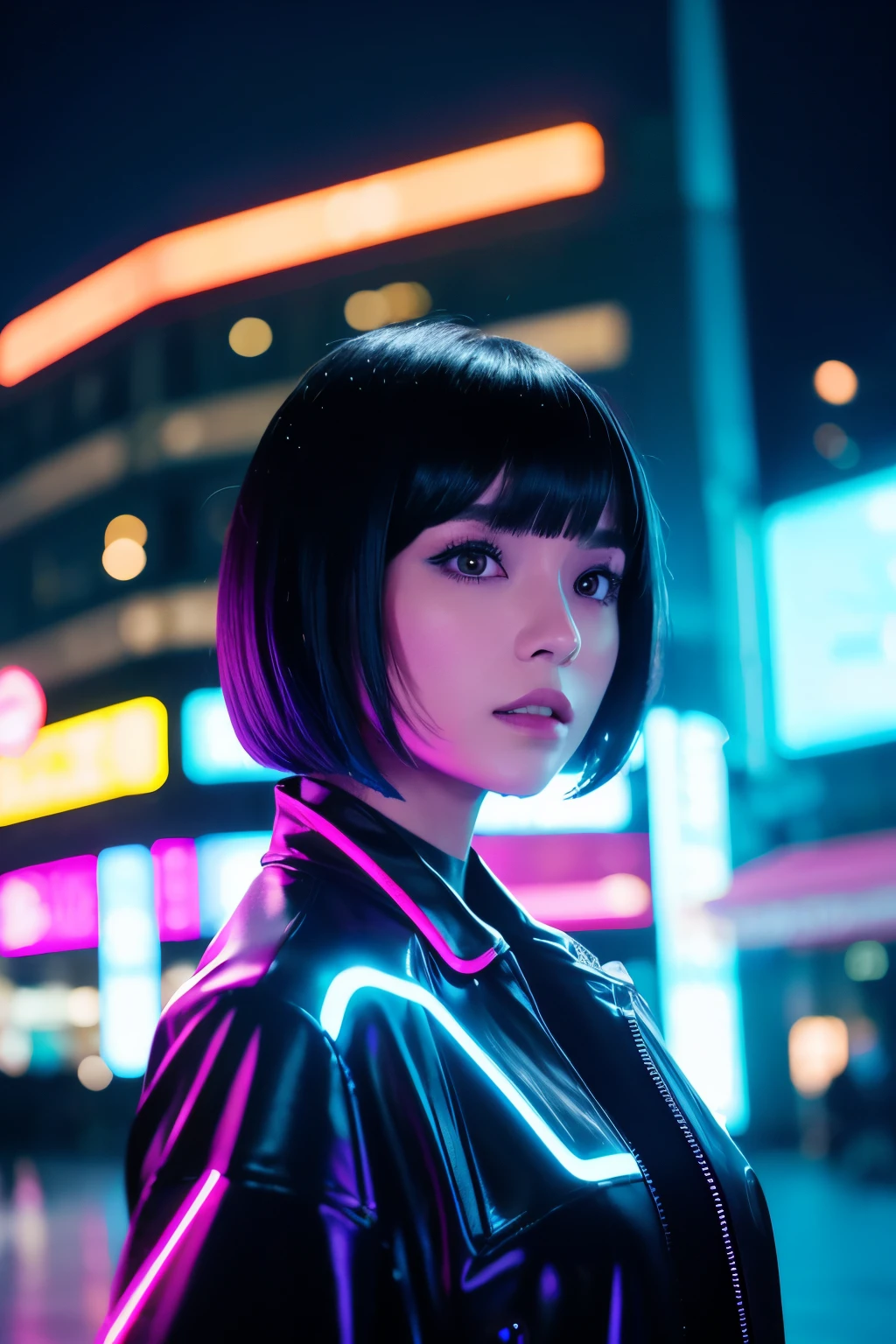 The background is a scene lit up with neon lights.、A woman with a black bob cut is standing。Her hair is shiny、Face is turned sideways、Staring at the camera。Blue and pink neon lights glow behind her、Vivid light bokeh is used effectively。The women's costumes are traditional Japanese clothing.、The neon light reflections create a modern atmosphere.。The overall atmosphere is fantastical and cyberpunk.。