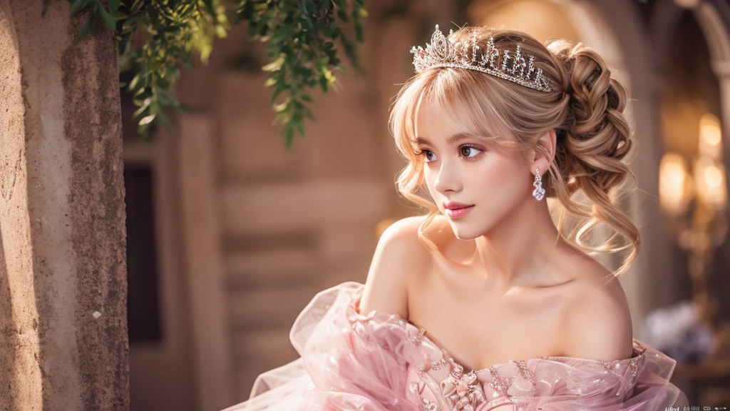 (masterpiece),(Highest image quality),top quality,(extremely detailed),4K,(8K),super detailed,realistic,1 girl,blond hair,Off-Shoulder,ball gown,pink dress,tiara