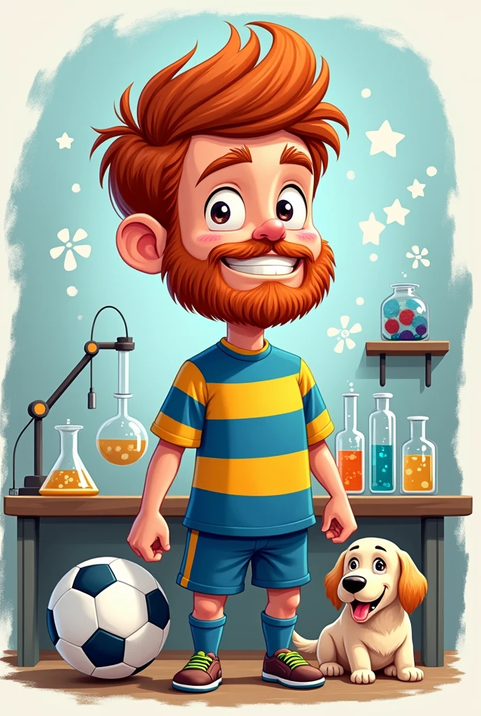 Create a cartoon red-haired young man with a beard wearing a football shirt with three horizontal stripes, 2 blue and one (1)yellow, include soccer, science , Laboratory elements and a Labrador dog (pet). I need it to be able to use it on a card. I would like it to be backgroundless..