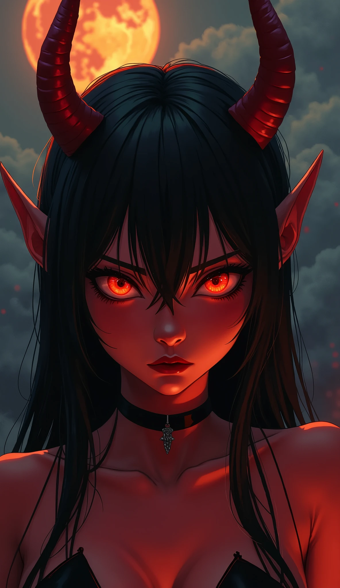 devil girl, short body, black hair, orange eyes, eyes glowing, red skin, horns, choker, serious face, semi-realistic style, outliner, hell background, dark sky background, moon light, face close up