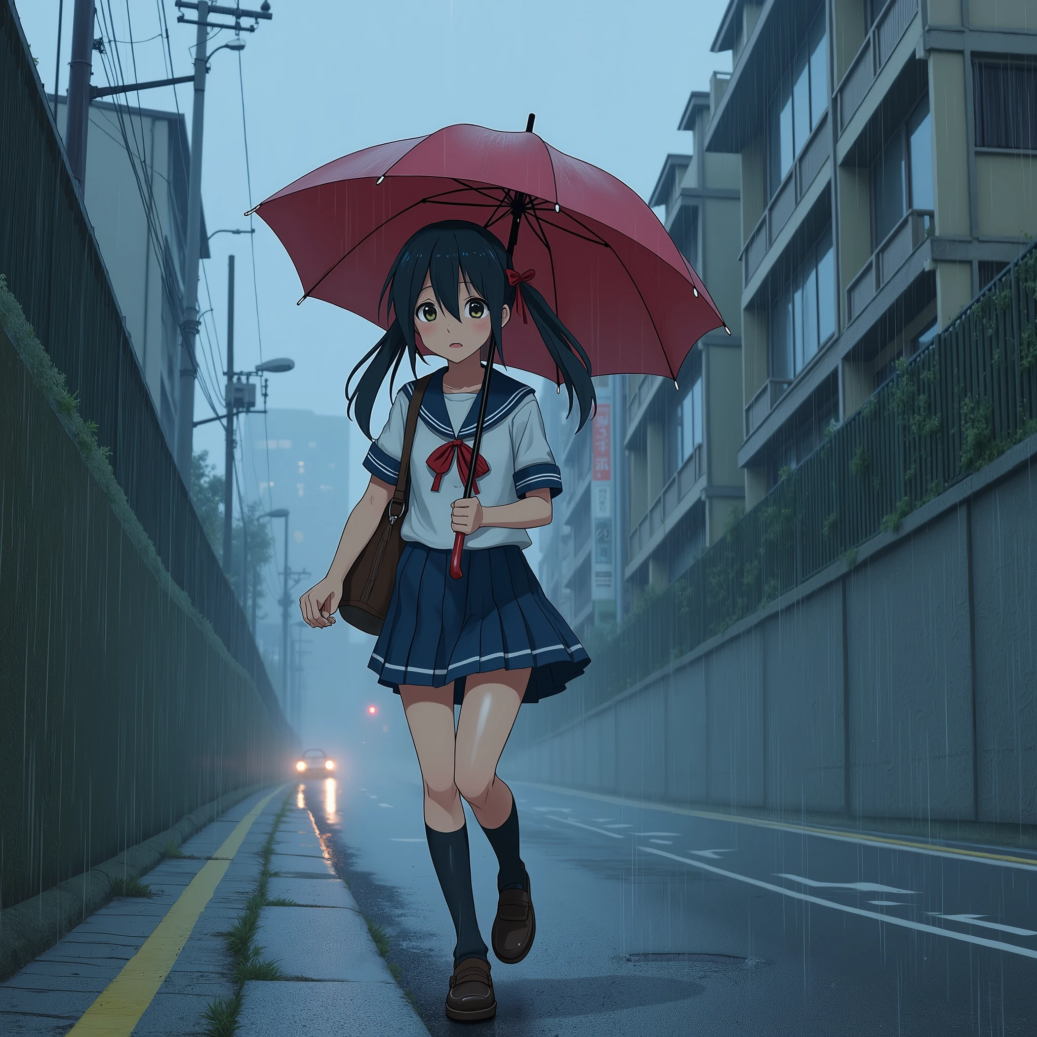 Anime Style, A girl walking down a hill, Walking on the edge of the road, Holding an umbrella, Surprised expression, Be confused,
Steep Slope, Slope 20 degrees, steep hill, very sloped road, very sloping ground,
The girl is wearing a white sailor suit with short sleeves and a navy collar, with a blue ribbon., Wearing a navy blue skirt, 
Wearing black high socks, Wearing loafers.
Her hair is very long and black, with low twin tails and red ribbons..
Not high pigtails, Not half-up,
Open red umbrella, Dark brown school bag,
Late teens, Small breasts, Has dark brown eyes.
puddle, Sidewalk, pavement, Japan roads, A city with slopes, building, Apartment, Electric pole, electric wire, Street lamp, City view,
Very heavy rain, fog, Outdoor, evening, from front.