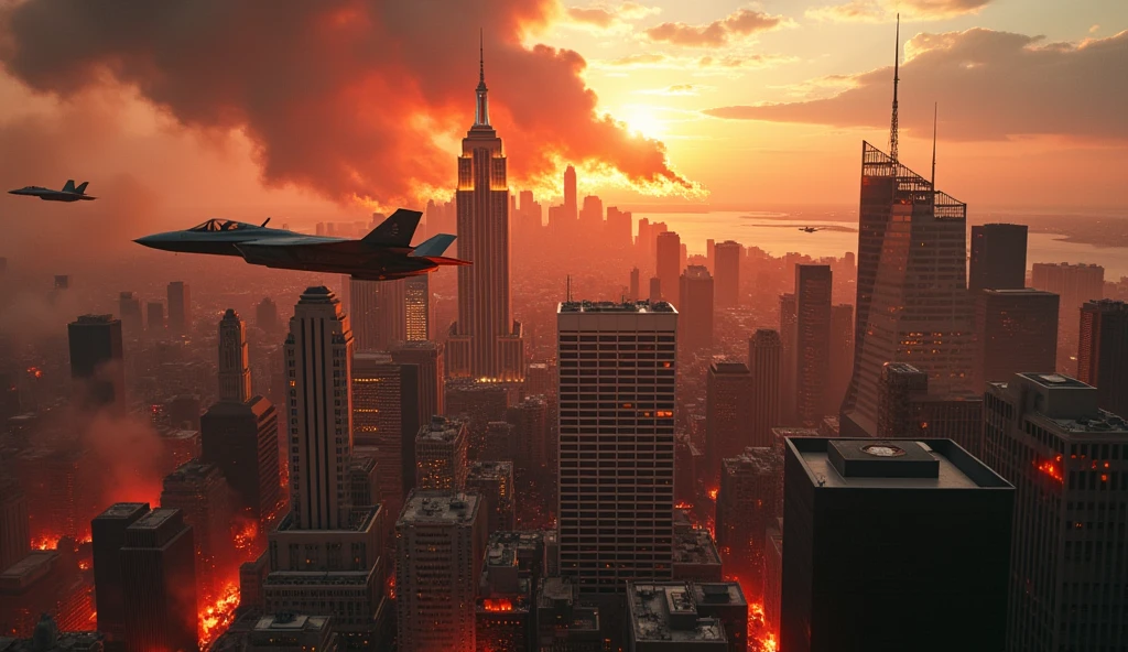 a futuristic city of new york in chaos, burning buildings, explosions, lockheed martin f-22 raptor fighter jets, realistic, photorealistic, cinematic, 8k, ultra-detailed, dramatic lighting, dystopian, cyberpunk, gritty, dark, moody