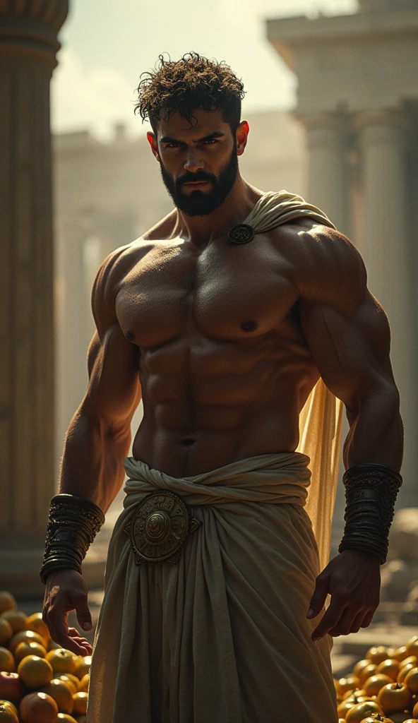 a greek god hercules,detailed muscular body,heroic pose,searching for the golden apples of the hesperides,ancient greek mythology,dramatic lighting,dramatic atmosphere,chiaroscuro lighting,cinematic,cinematic framing,epic scale,unreal engine,octane render,hyper realistic,highly detailed,award winning artwork