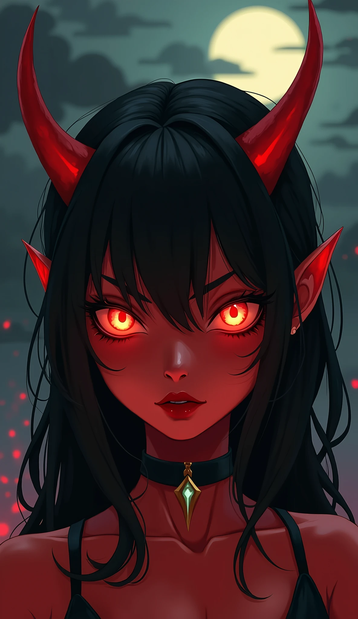 devil girl, short body, black hair, orange eyes, eyes glowing, red skin, horns, choker, serious face, semi-realistic style, outliner, hell background, dark sky background, moon light, face close up