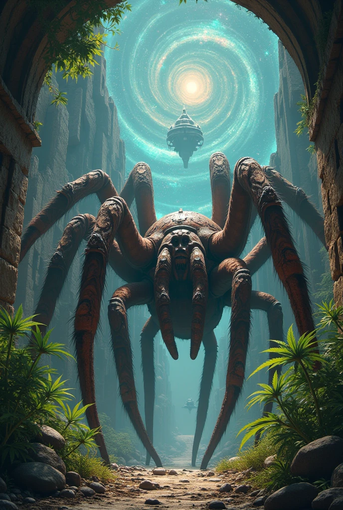 Giant 8 legged tarantula coming from an ancient temple surrounded by marijuana with galaxies and spaceships in the sky square shape