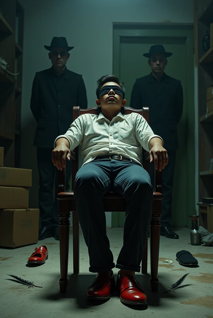 Malaysia handsome malay Zarul 21years
He faint
Focus shoeless feet
Red loafers Shoes take off
abondon warehouse
Tied up woodenchair
blindfolded
feather on floor
Pair of Blacksock on floor
2 evil mafia pinch thier nose