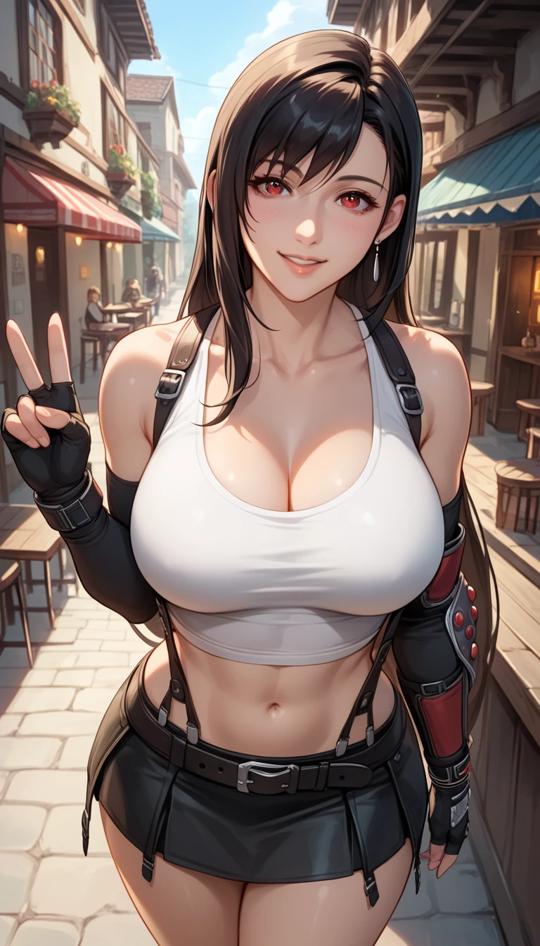 Izayoi Seishin art style, (score_9, score_8_above, score_7_above), (Best Quality, masterpiece),perfect aninomy,(Aesthetic,very Aesthetic),official style, (ultra high resolution), 1 girl, Tifa Lockhart, Final Fantasy,(beautiful woman).puppet, black fur, Long hair tied low, Red eyes, hits, white tank top,gap, belt, pleined skirt, thighs, elbow length fingerless gloves, Coders, diaphragm, belly button,skirt with straps.The Great Passage ,(Front view),straight,(big_sinos:1.2),Alone,medium shot,looking_in_viewer,contrasted, Vibrant, happy,cafe and bar, ,Committed,(,tank roof elevation), Gorgeous curvy girl showing her naked breast to a shy  in a dark alley
