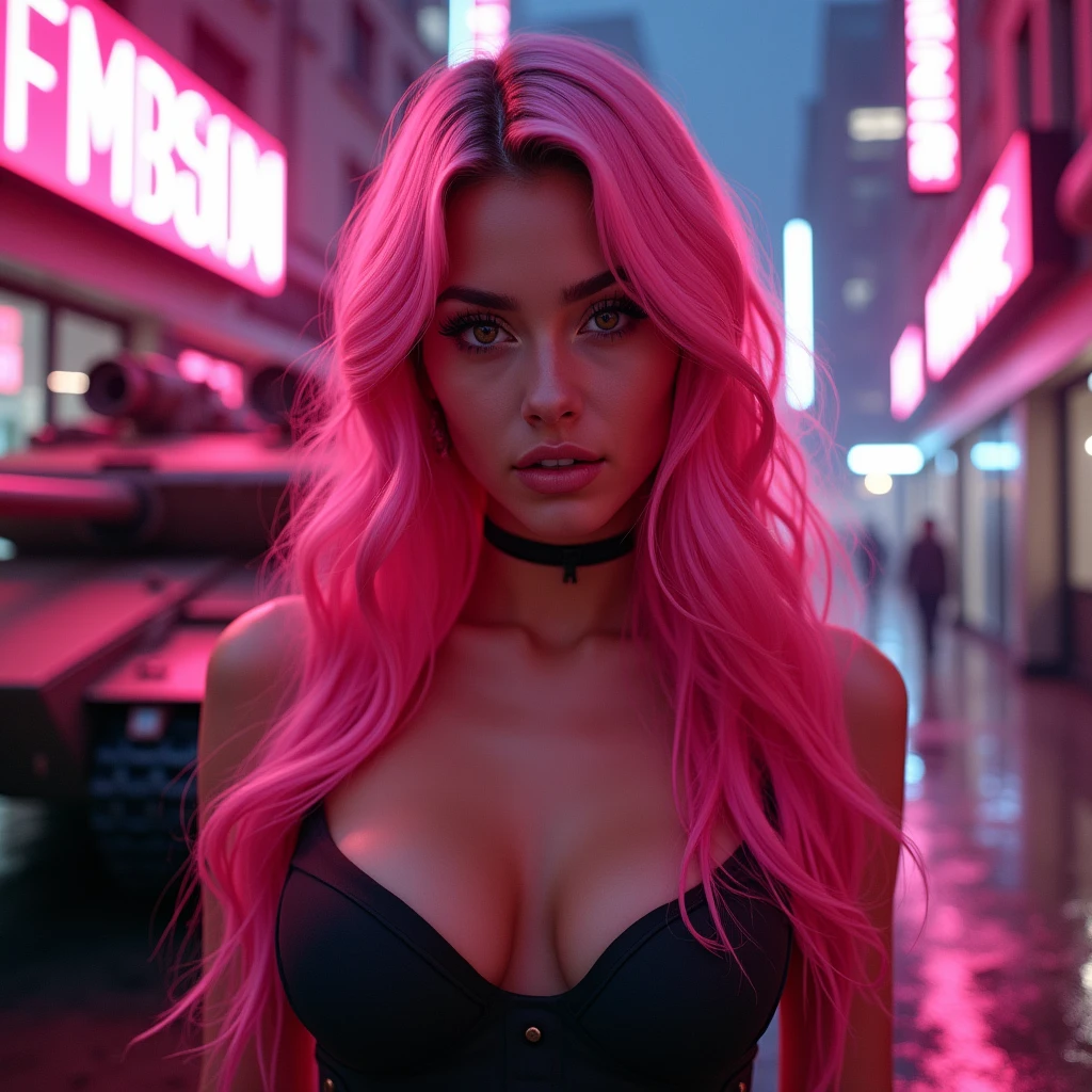 1 woman with exuberant beauty, With long hair, bright pink wavy hair, looking at the viewer with piercing eyes. Behind her there is a tank and some pink details and a cyberpunk style illuminated sign that says “FMS”.