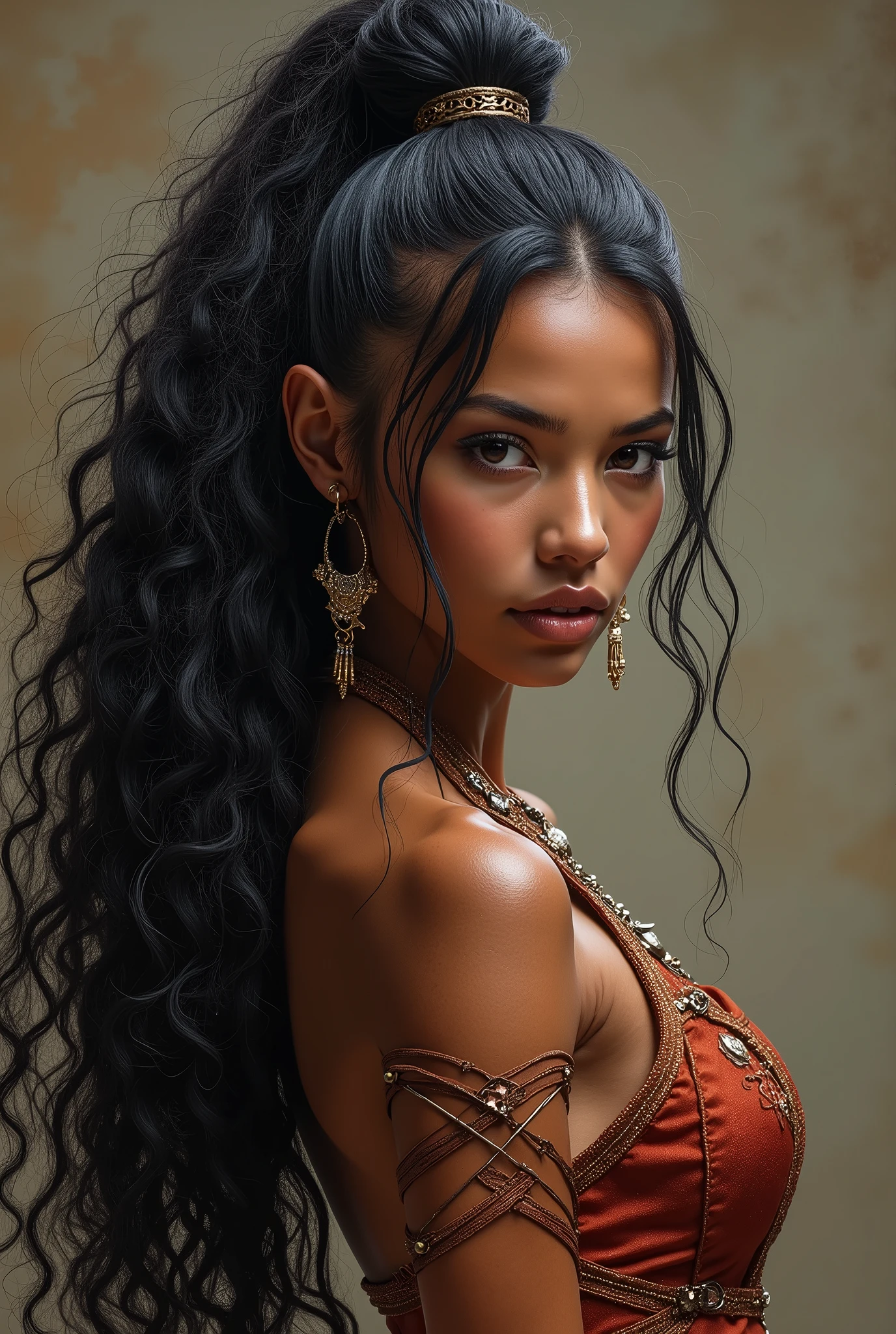 Facial features: Striking features that reflect her heritage as a warrior and leader. Your face is defined, with a penetrating gaze that conveys strength and dignity. His eyes are a deep dark brown.
body type: Athletic and agile body, with a posture that combines elegance and readiness for combat. His height is 1,65 m.
body hair: Long curly hair, black as night, that fall in voluminous waves halfway down the back. She usually ties her hair up in a sleek bun or leaves it loose., Depending on the occasion.
Skinned: Skinned parda, rich in warm tones, reflecting his roots and warrior training.
Clothing Style: Your clothing style is a fusion of functionality and sophistication.. Wear clothes that facilitate movement and combat, often adorned with details that highlight their heritage and status. In battles, you can opt for lighter and more flexible clothing that allows you to express your martial dance.