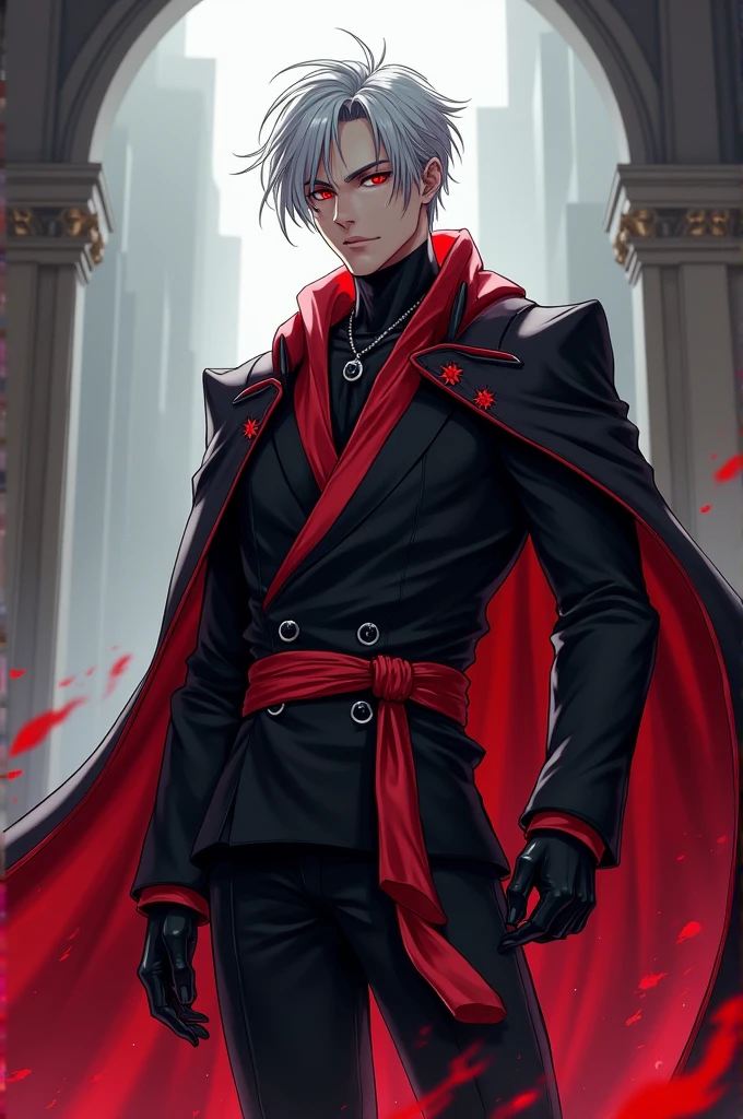 Gojo Agatsuma has a strong presence, with a tall stature and an athletic build. He has short, messy silver hair., that contrast with his bright red eyes, that have an almost supernatural intensity. His outfit is a modern and stylish wizard uniform., predominantly black with red details, including a red sash around the neck that symbolizes their status