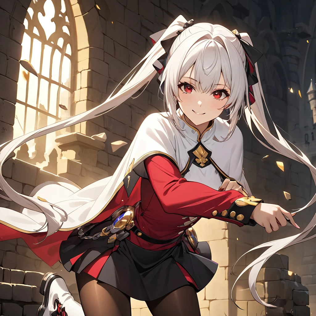 Lynne, One girl, white hair, very long hair, thin twin low ponytails, red eyes, Beautiful and attractive eyes、 short white cape, red cloth, black mini skirt, black pantyhose, white boots, smile, aggressive、 in castle break break masterpiece、Beautiful attention to detail:1.2, Perfect lighting, (perfect hand, perfect anatomy), Precise depiction、Vibrant colors