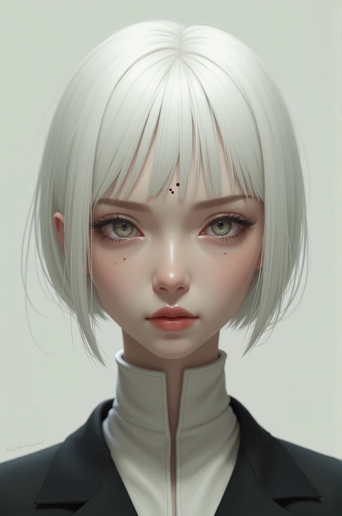 A character with short, straight, white hair combed upwards, serious eyes without silvery color, fair skin and well-defined face, with two dots in the center of the forehead as a birthmark.