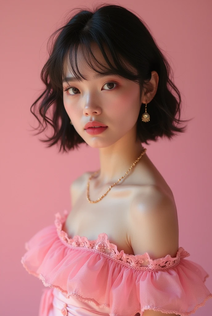 A girl wear a beautiful pink colour crop frock with short hair