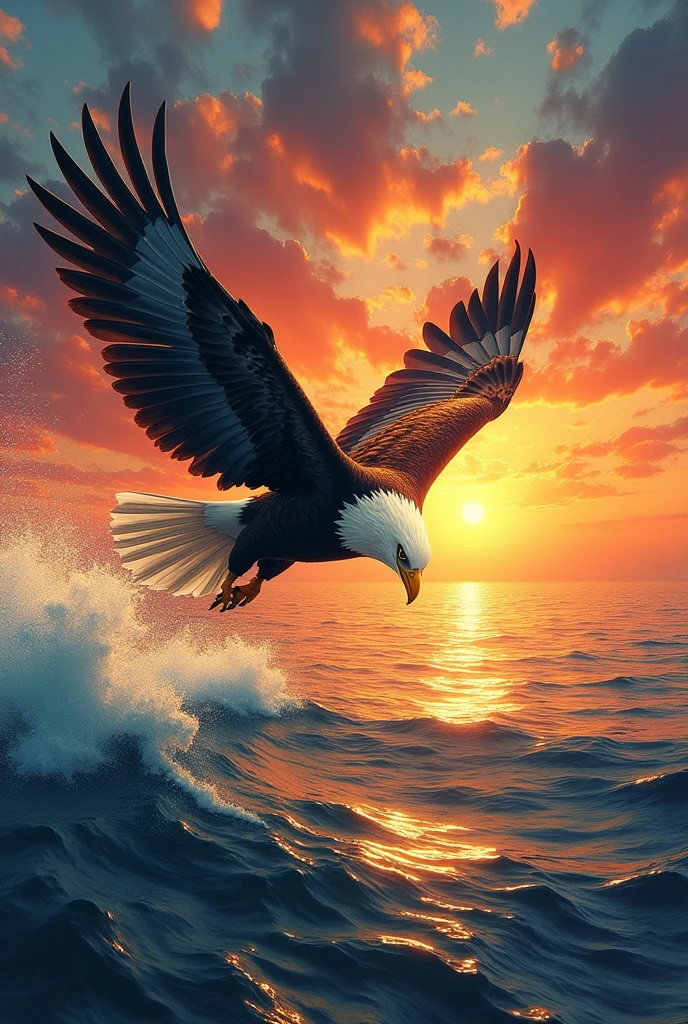 bird flying over the sea in the background of the sunset, motion blur, collage, dutch angle, American propaganda poster, textured skin