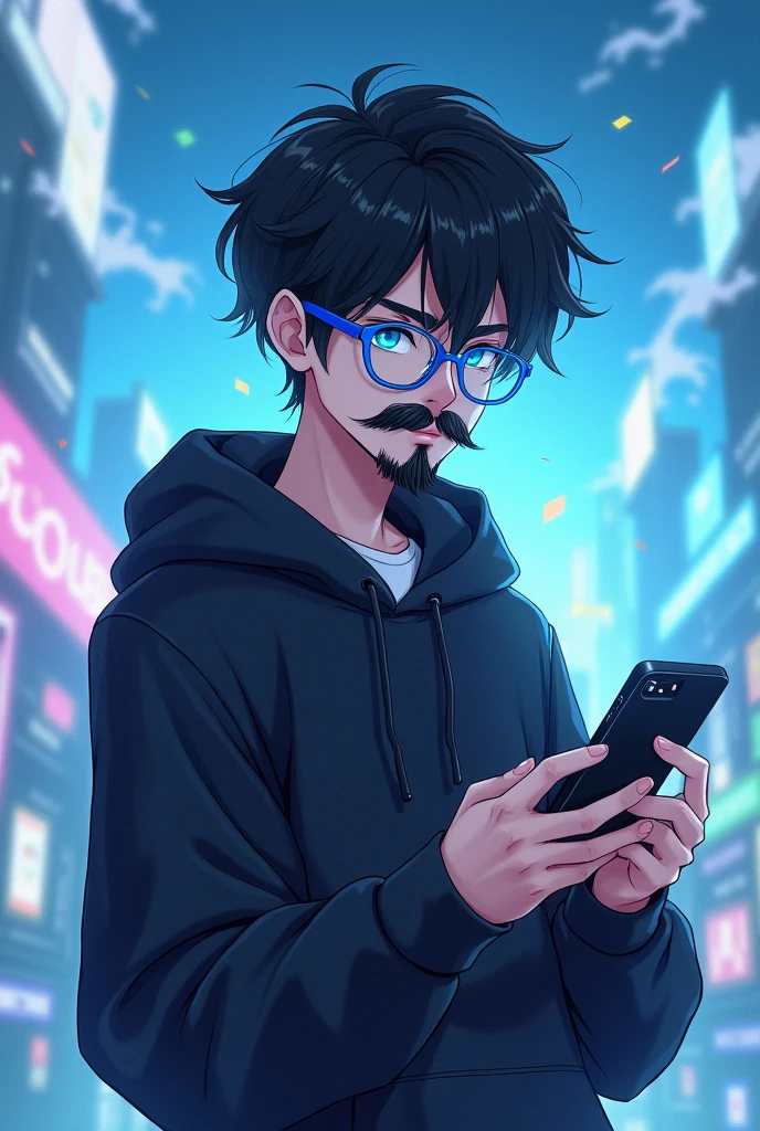 Anime boy with earphone with transparent sky blue frame glasses with play bgmi mobile with black hoodie with fully moustache and full beard