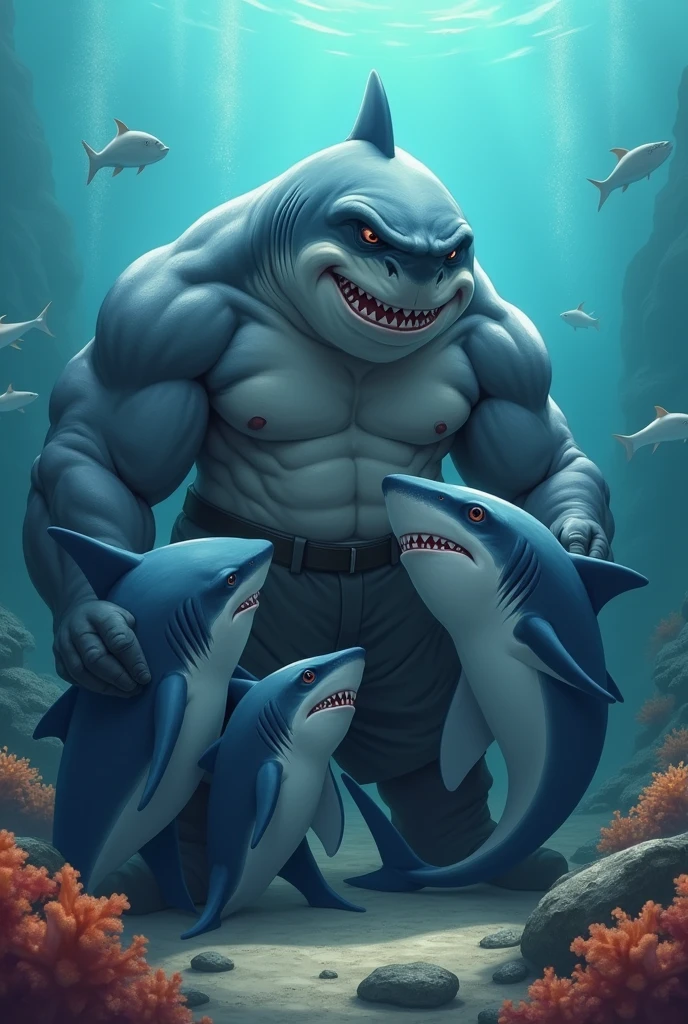 Make a buff daddy shark happy with his family (the wife died)