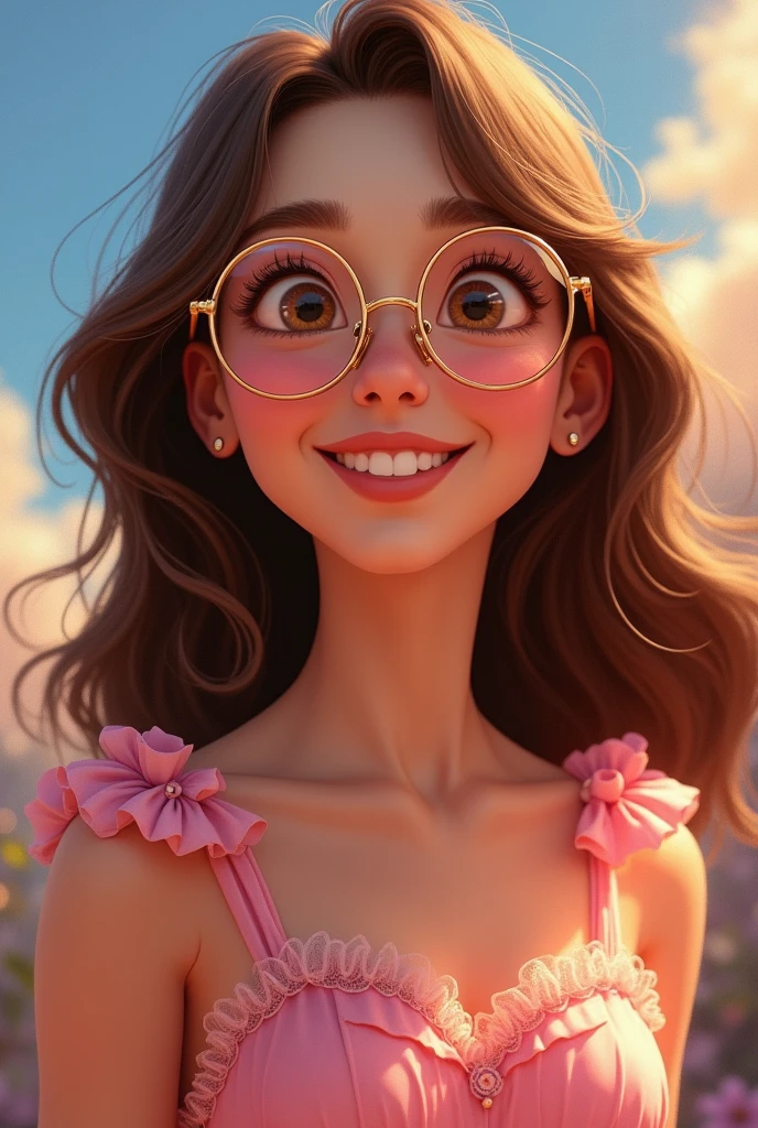Woman , happy face , long and wavy brown hair , pink dress, round gold glasses , Disney pixar