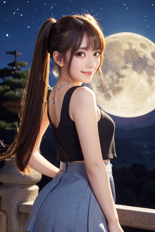masterpiece, Highest quality, 4K, Ultra-high resolution, 1 beautiful woman,mini skirt,posing,tall,cute face,large eye bags,seductive smile,twin tail,from side,moon,castle,necklace,masterpiece,japanese