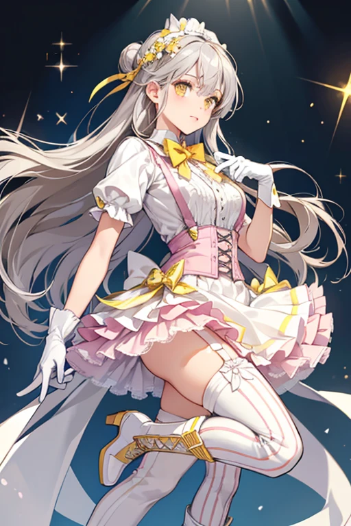 she with yellow eyes, gray hair, and white stripes in it that form the shape of an "X". sHe wears a frilly white shirt, a pink bowtie, and yellow suspenders with brown straps, with the straps' ends hanging loose. sHe also wears white gloves and boots with blue strips around them. SPARKLE; GLITTER