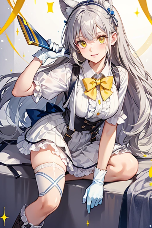 she  with yellow eyes, gray hair, and white stripes in it that form the shape of an "X". sHe wears a frilly white shirt, a pink bowtie, and yellow suspenders with brown straps, with the straps' ends hanging loose. sHe also wears white gloves and boots with blue strips around them. SPARKLE; GLITTER