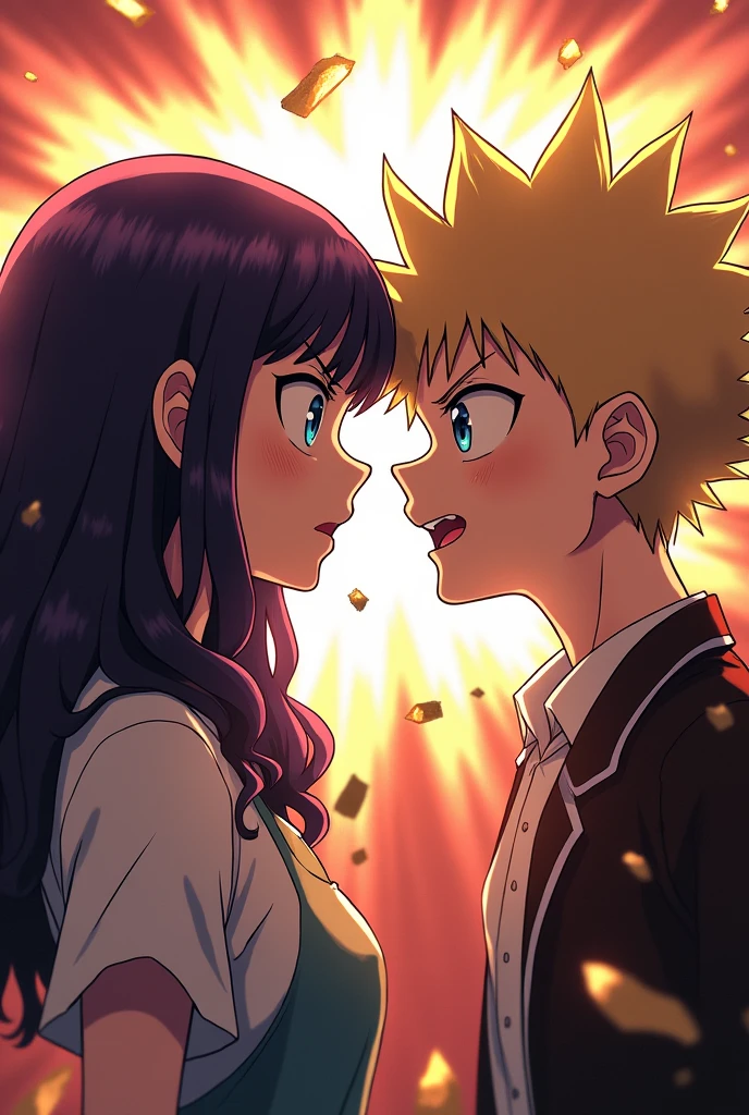 (Anime Boku no Hero Academia) Create a woman, My Hero Academia student. His eyes are a light blue color with an elongated shape., glare. Her hair is long and wavy, Deep purple and a French fringe. Next to the girl is Bakugou Katsuki, He is a blond boy with spiky hair and his eyes are red., torn up. They argue aggressively, shouting angrily at each other.. All this in a classroom environment in the world of Boku No Hero.