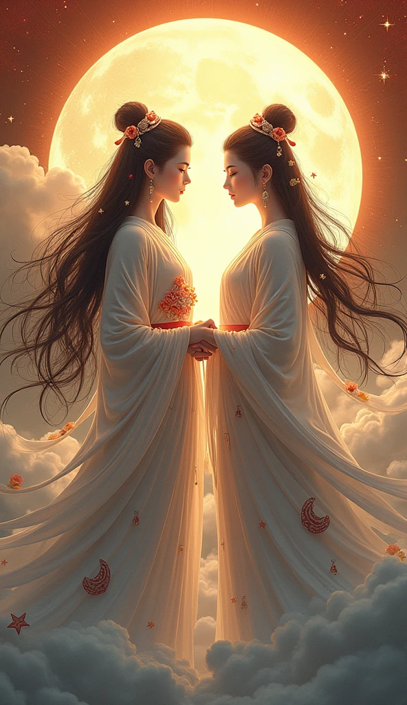 Beautiful Japanese Goddess Sisters, Sun Goddess Amaterasu and Moon Goddess Tsukuyomi, whole body