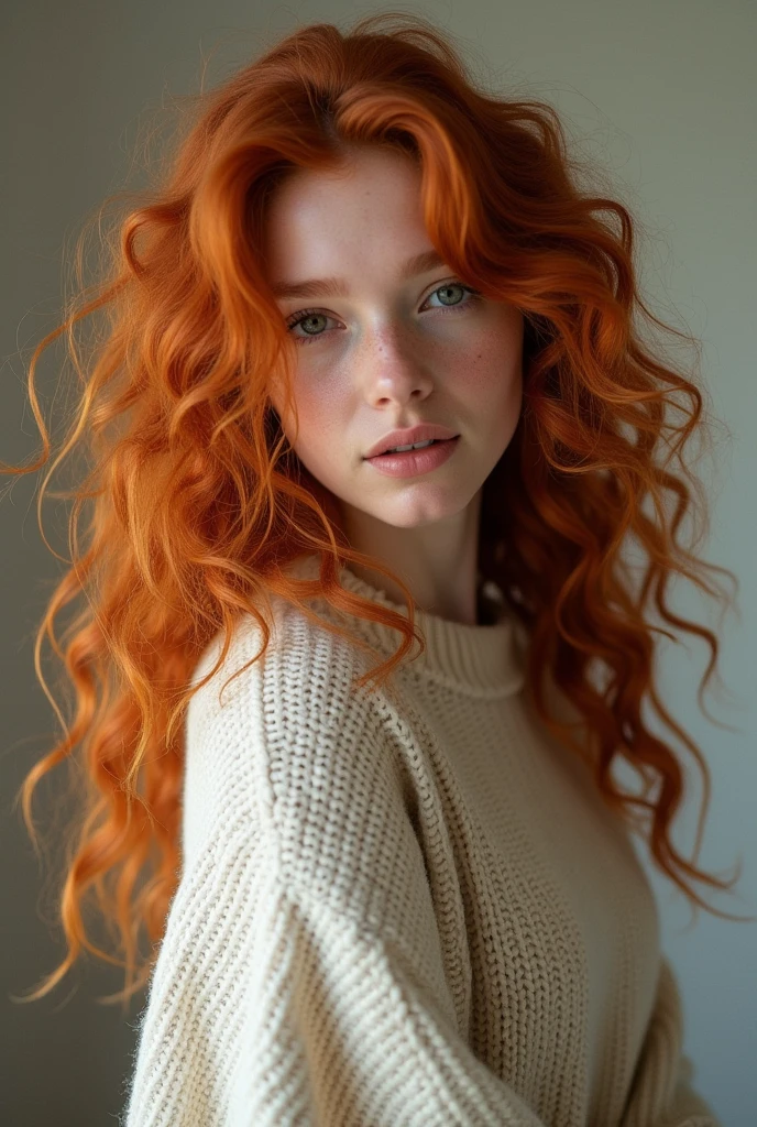 A redhead woman with a sweater on posing for a photo, with Red curly hair, loose red hair, pale skin curly blonde hair, redhead woman, redhead goddess, wild ginger hair, a young redhead, Red curly hair, she is a redhead, with pale skin, redhead girl, wavy ginger hair, long ginger hair, curly red hair, analog photography