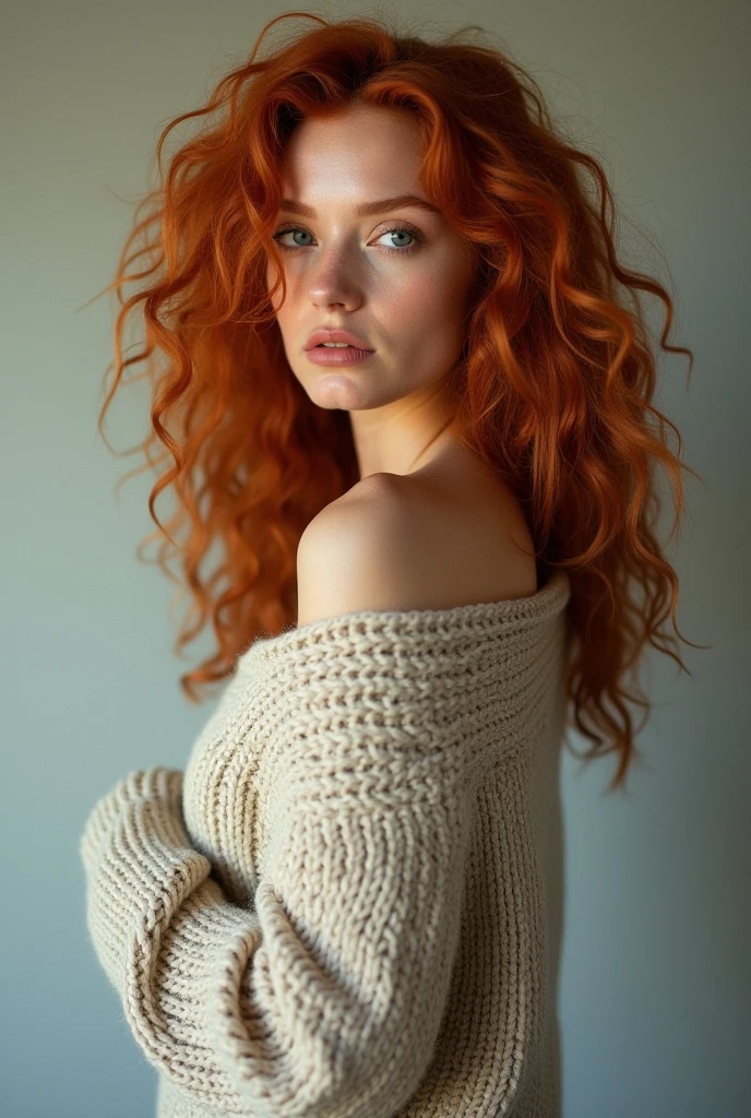 A redhead woman with a sweater on posing for a photo, with Red curly hair, loose red hair, pale skin curly blonde hair, redhead woman, redhead goddess, wild ginger hair, a young redhead, Red curly hair, she is a redhead, with pale skin, redhead girl, wavy ginger hair, long ginger hair, curly red hair, analog photography