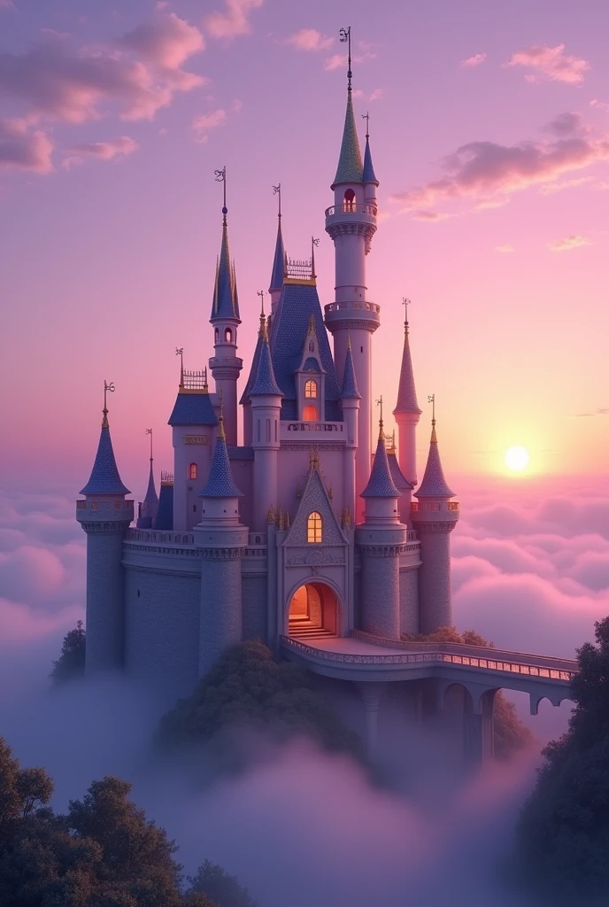 Disney castle, sunset, purple sky, fog distance, Rapunzel castle, sweet colors, desatureted