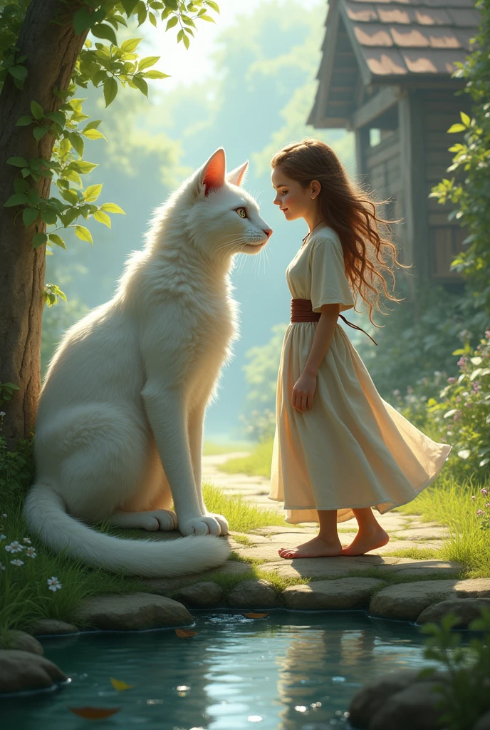 **Orion the white cat in human body warrior and Elara Bonding:**
- "The white-haired warrior white cat in human body and a beautiful woman spend time together in a peaceful village setting. They are seen walking through the village, sitting by a stream, and sharing stories. The warrior white cat now more relaxed, is dressed in simple clothing, while the woman smiles warmly at him. The setting is during the day with the village surrounded by lush greenery."